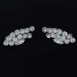 Vintage 1950s Rhinestone Paddle Clip-On Earrings Silver Tone Mid Century Sparkle